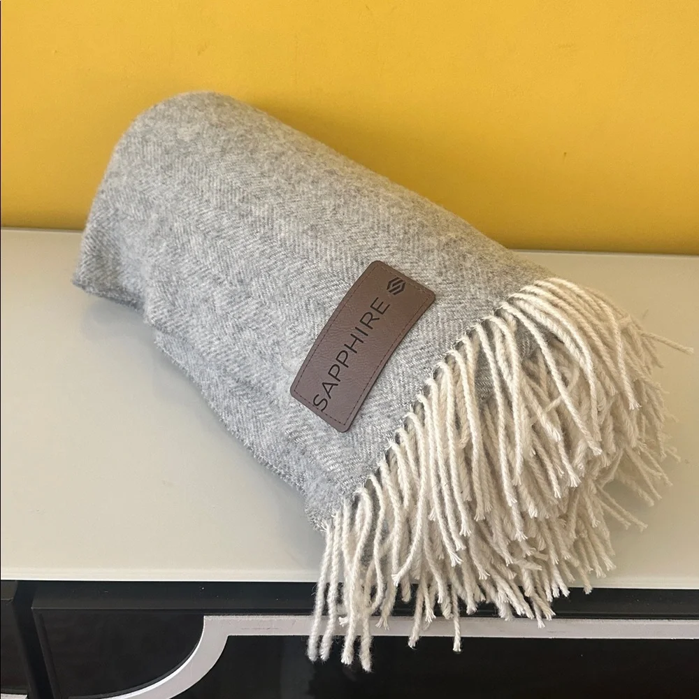 Terry Town Australian Fine Wool Blend Gray Herringbone Throw Blanket with Fringe